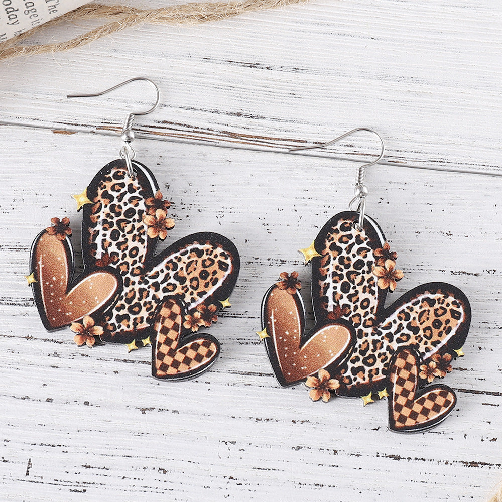 Wholesale Western style leopard print flower heart wooden double-sided earrings